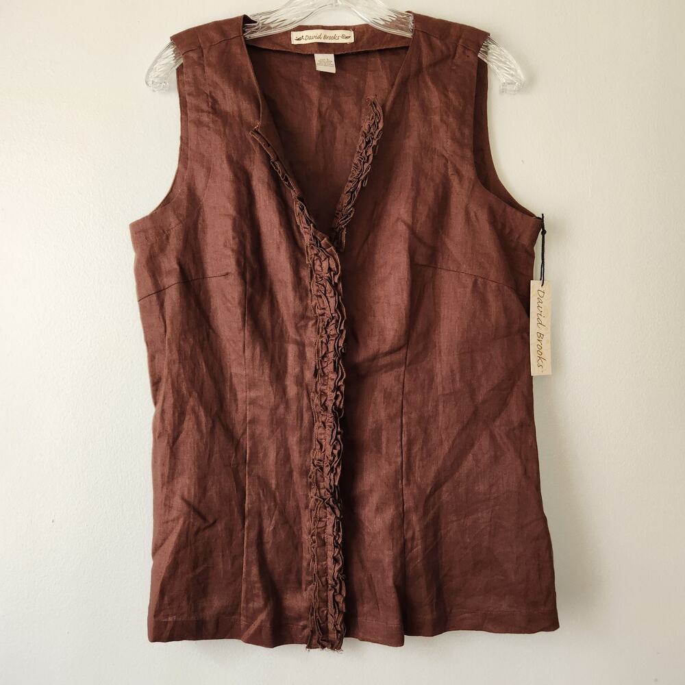 David Brooks Linen Shirt Womens L Brown Ruffled Button Up Lagenlook Classic Chic